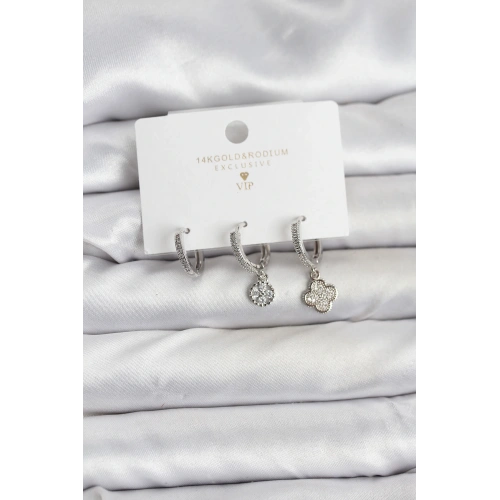 BFS Pirinç Gümüş Renk Yonca Model 3lü Kadın Küpe Seti