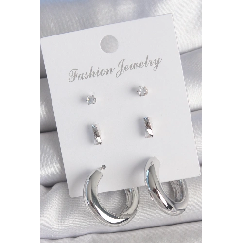 BFS Pirinç Gümüş Renk Zirkon Taş Detay Halka Model 3 Çift Kadın Küpe Seti