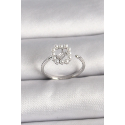 BFS Pirinç Gümüş Renk Zirkon Taş Detaylı İncili Ayarlanabilir Yüzük