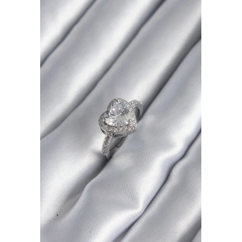 BFS Pirinç Gümüş Renk Zirkon Taş Kalp Charm Model Kadın Yüzük