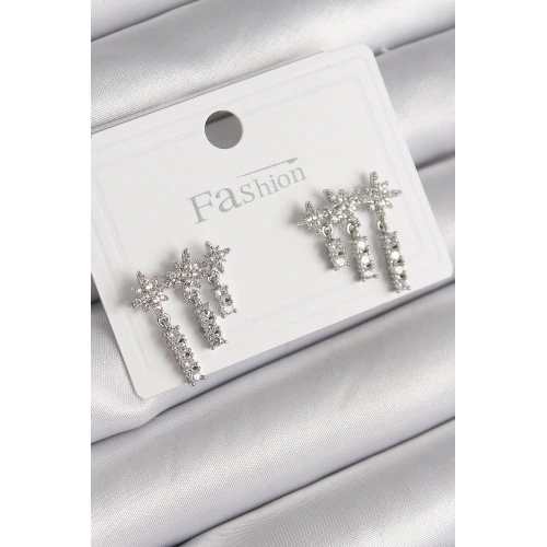 BFS Pirinç Gümüş Renk Zirkon Taşlı 3Lü Sallantı Yıldız Model Kadın Küpe