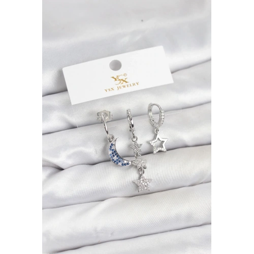 BFS Pirinç Gümüş Renk Zirkon Taşlı Ay ve Yıldız Model YSX Trio Küpe Seti