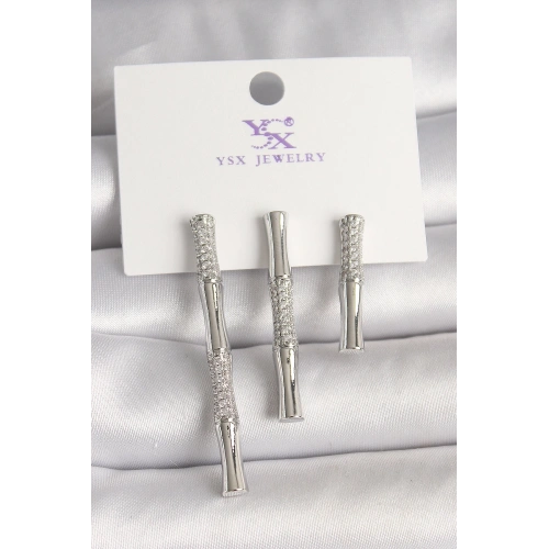 BFS Pirinç Gümüş Renk Zirkon Taşlı Bambu Model 3Lü Kadın Kombin Küpe