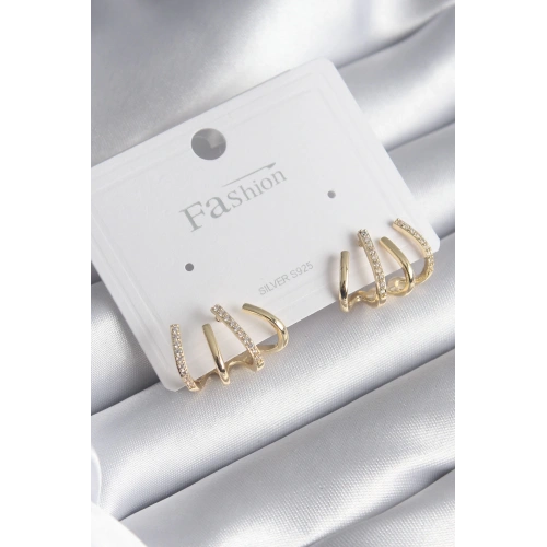 BFS Pirinç Gümüş Renk Zirkon Taşlı Çatal Model Kadın Küpe