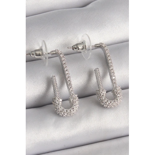 BFS Pirinç Gümüş Renk Zirkon Taşlı Çengelli İğne Model Kadın Küpe