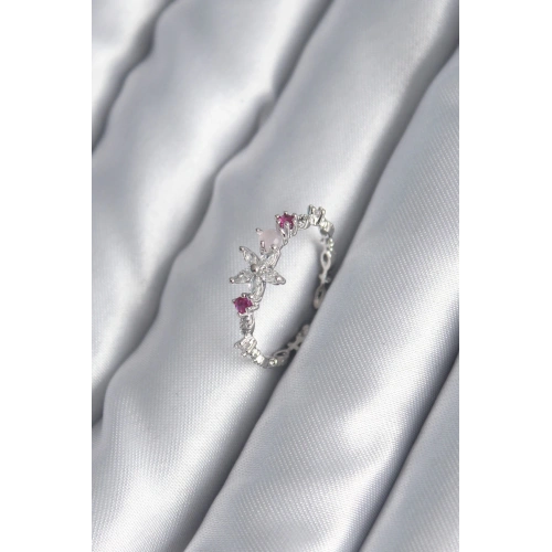 BFS Pirinç Gümüş Renk Zirkon Taşlı Çiçek Model Pembe Zirkon Taş Detay Kadın Yüzük