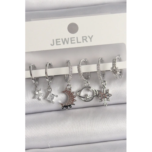 BFS Pirinç Gümüş Renk Zirkon Taşlı Gezgen Model Kadın Küpe Seti