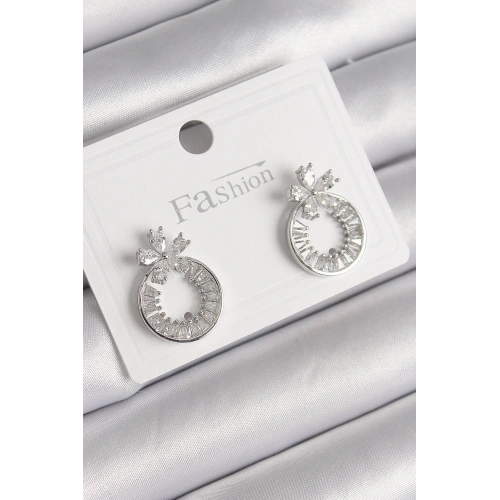 BFS Pirinç Gümüş Renk Zirkon Taşlı Halka Model Çiçek Figür Kadın Küpe