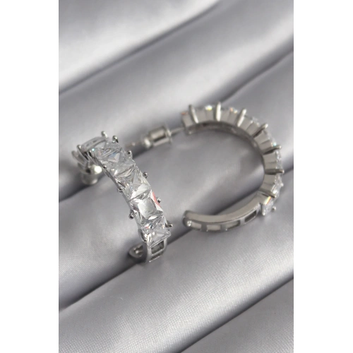 BFS Pirinç Gümüş Renk Zirkon Taşlı Halka Model Kadın Küpe