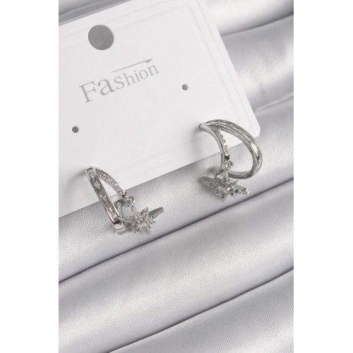 BFS Pirinç Gümüş Renk Zirkon Taşlı Halka Model Sallantı Yıldız Detay Kadın Küpe