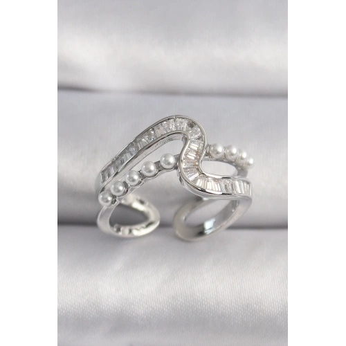 BFS Pirinç Gümüş Renk Zirkon Taşlı İnci Detay VIP Seri Kadın Yüzük