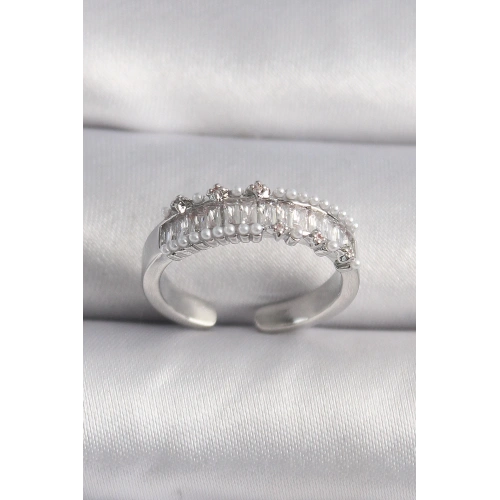 BFS Pirinç Gümüş Renk Zirkon Taşlı İnci Detay VIP Seri Kadın Yüzük