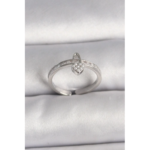 BFS Pirinç Gümüş Renk Zirkon Taşlı İnci Detaylı Kilit Kalp Model Ayarlanabilir Yüzük