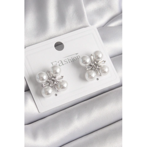 BFS Pirinç Gümüş Renk Zirkon Taşlı İncili Kadın Küpe