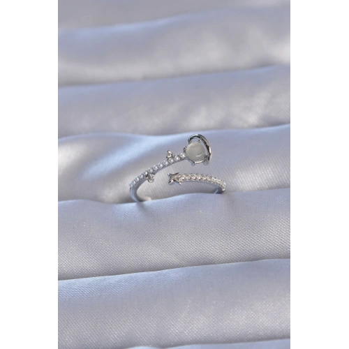 BFS Pirinç Gümüş Renk Zirkon Taşlı İncili Satürn Model Ayarlanabilir Yüzük