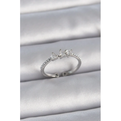 BFS Pirinç Gümüş Renk Zirkon Taşlı Kalp İnci Detay Ayarlanabilir Model Kadın Yüzük