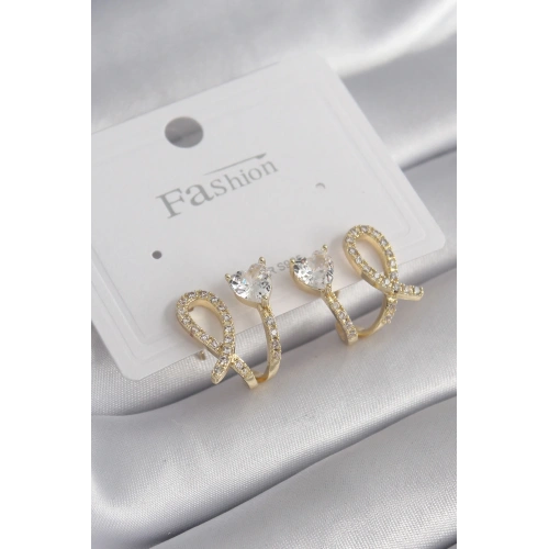 BFS Pirinç Gümüş Renk Zirkon Taşlı Kalp Model Kadın Küpe