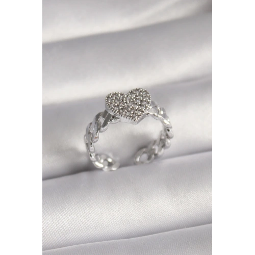 BFS Pirinç Gümüş Renk Zirkon Taşlı Kalp Model Kadın Yüzük