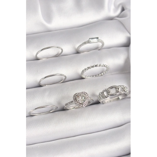 BFS Pirinç Gümüş Renk Zirkon Taşlı Kalp Model Kadın Yüzük Kombini