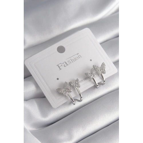 BFS Pirinç Gümüş Renk Zirkon Taşlı Kelebek Model Kadın Küpe