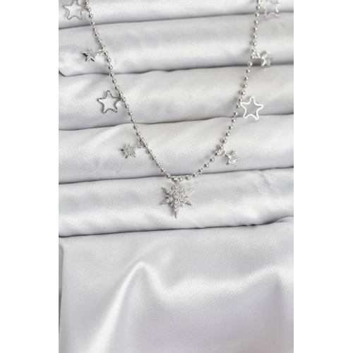 BFS Pirinç Gümüş Renk Zirkon Taşlı Kutup Yıldızı Model Kadın Kolye