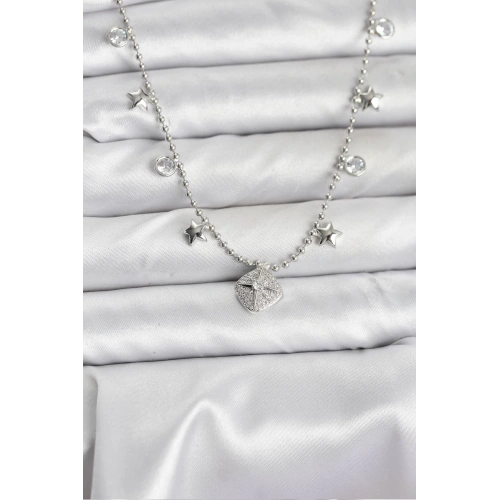 BFS Pirinç Gümüş Renk Zirkon Taşlı Kutup Yıldızı Model Kadın Kolye