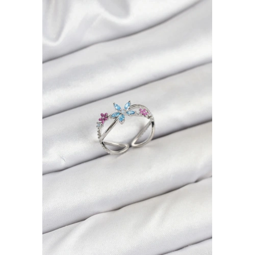 BFS Pirinç Gümüş Renk Zirkon Taşlı Mavi Çiçekli Kadın Yüzük