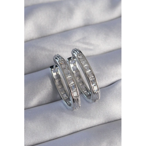 BFS Pirinç Gümüş Renk Zirkon Taşlı Oval Model Küpe