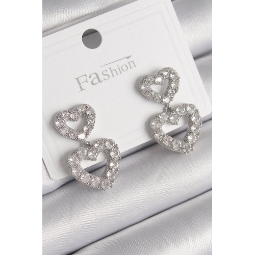 BFS Pirinç Gümüş Renk Zirkon Taşlı Sallantı Kalp Model Kadın Küpe