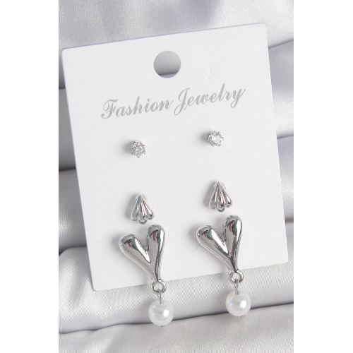 BFS Pirinç Gümüş Renk Zirkon Taşlı Sallantılı Kalp Model 3 Çift Kadın Küpe Seti