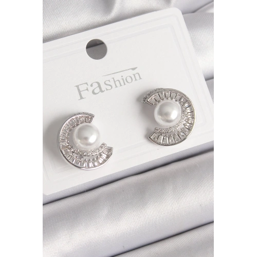 BFS Pirinç Gümüş Renk Zirkon Taşlı Salyangoz Model İnci Detay Kadın Küpe