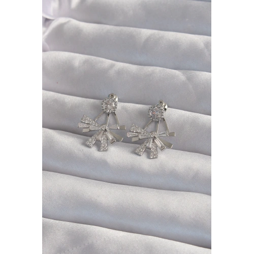 BFS Pirinç Gümüş Renk Zirkon Taşlı Yassı Fiyonk Model Küpe