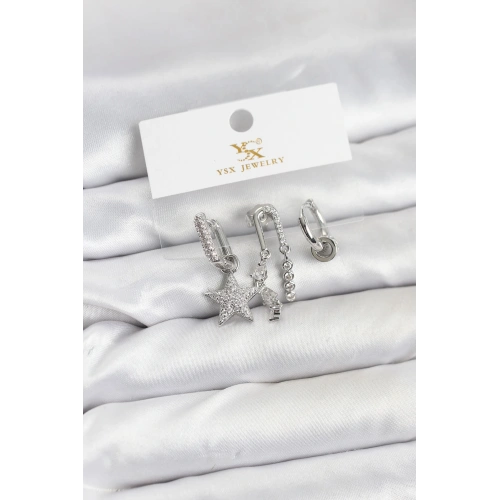 BFS Pirinç Gümüş Renk Zirkon Taşlı Yıldız Vintage Model YSX Trio Küpe Seti