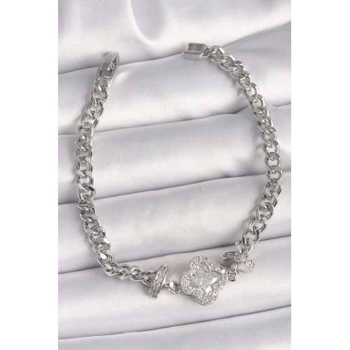 BFS Pirinç Gümüş Renk Zirkon Taşlı Yonca Figür Zincir Model Kadın Bileklik