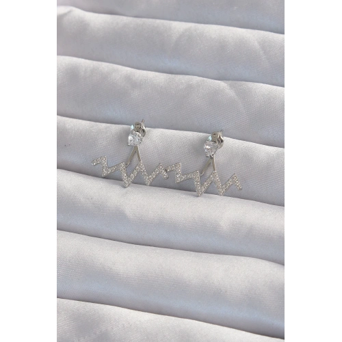 BFS Pirinç Gümüş Renk Zirkon Taşlı Zikzak Küpe