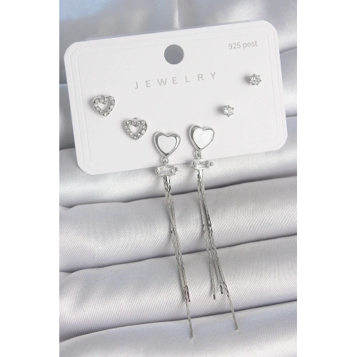 BFS Pirinç Gümüş Sallantı Beyaz Mineli Kalp Model Zirkon Taşlı Kalp Detay 925 Ayar Gümüş Çivi Kadın Küpe Seti