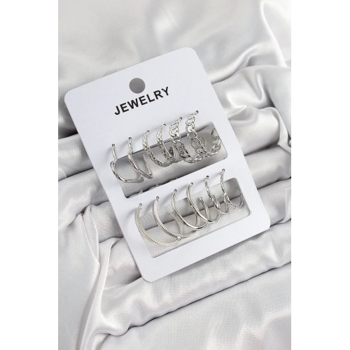 BFS Pirinç Karışık Halka Model Gümüş Renk 6 Çift Kadın Küpe Set