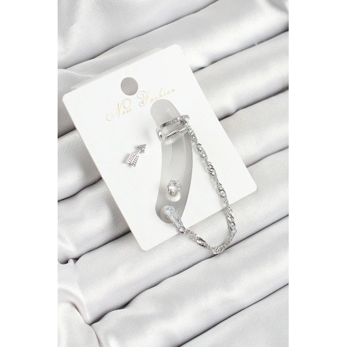 BFS Pirinç Ok Figürlü Zirkon Taşlı Gümüş Renk 3lü Kıkırdak Kadın Küpe Set