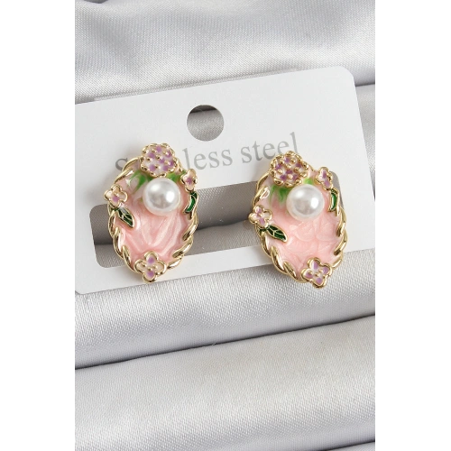 BFS Pirinç Pembe Mineli İnci Detaylı Sanatsal Portre Model Gold Renk Kadın Küpe