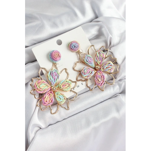 BFS Pirinç Rainbow Çiçek Model Gold Renk Kadın Hasır Küpe