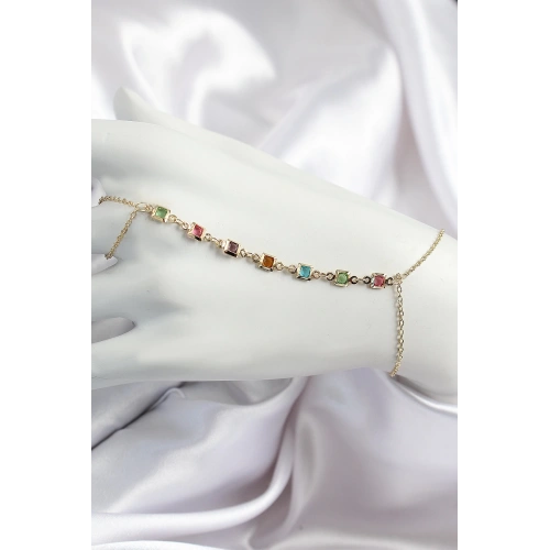 BFS Pirinç Renkli Kare Zirkon Taşlı Y Model Gold Renk Kadın Şahmeran