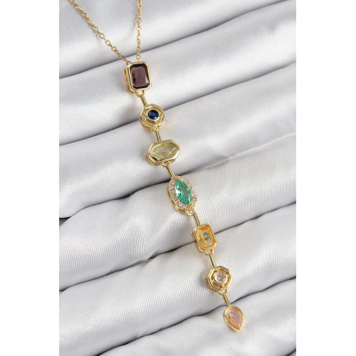 BFS Pirinç Renkli Zirkon Taşlı Model Gold Renk Kadın Y Kolye