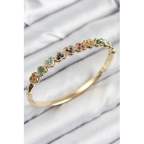 BFS Pirinç Renkli Zirkon Taşlı Sıralı Kalp Model Gold Renk Kadın Kelepçe