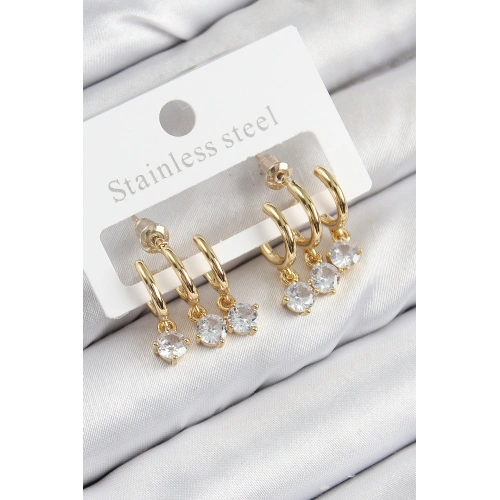 BFS Pirinç Sallantılı Zirkon Taşlı Model Gold Renk Kadın Küpe