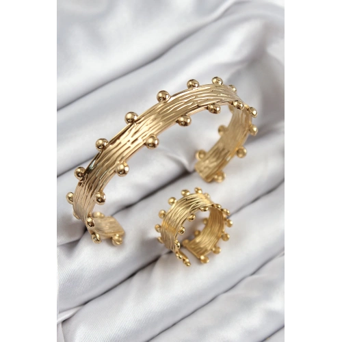 BFS Pirinç Topcuk Model Gold Renk Bileklik Yüzük Set