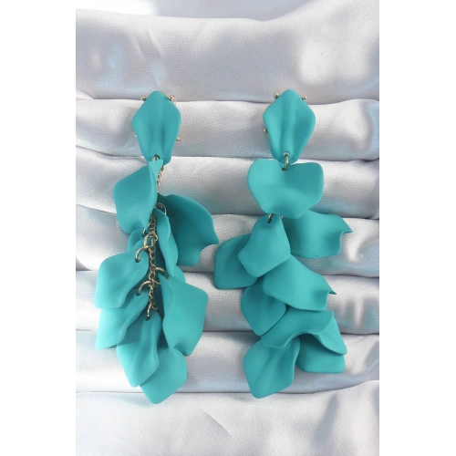 BFS Pirinç Turkuaz Renk Sallantılı Yaprak Model Küpe