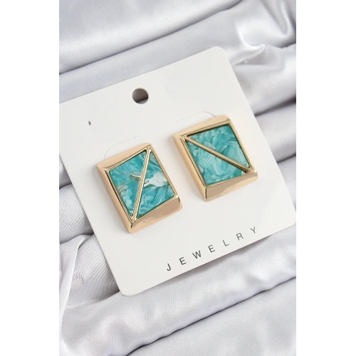 BFS Pirinç Turkuaz Üçgen Kesim Detaylı Kare Model Vintage Gold Renk Kadın Küpe