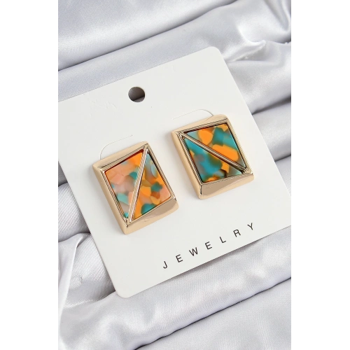 BFS Pirinç  Turuncu Yeşil Üçgen Kesim Detaylı Kare Model Vintage Gold Renk Kadın Küpe