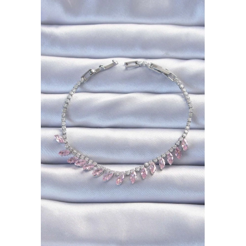 BFS Pirinç Vip Seri Gümüş Renk Pembe Zirkon Taşlı Bileklik