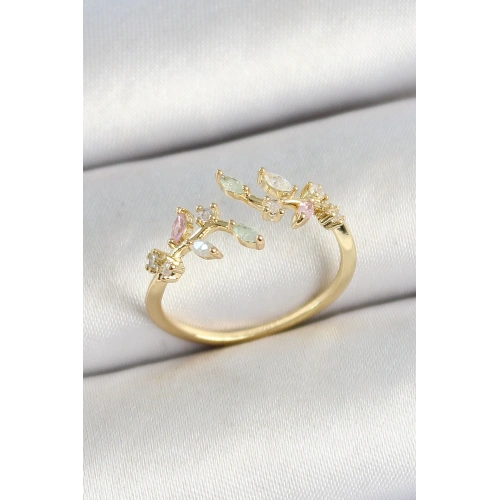 BFS Pirinç Yaprak Figürlü Zirkon Taşlı Gold Renk Ayarlanabilir Kadın Yüzük